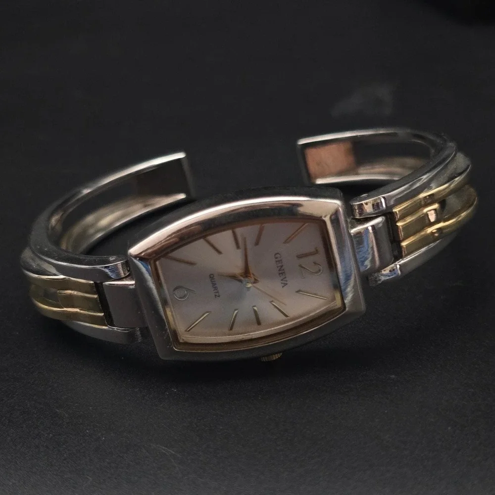 Women's Two Tone Cuff Watch Bracelet Quartz WORKS Working Geneva
